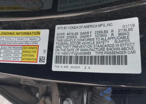 2019 Honda Accord Sport from USA, damaged, VIN 1HGCV1F31KA038485